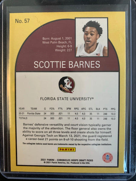 2021 PANINI CHRONICLES DRAFT PICKS BASKETBALL #57 TORONTO RAPTORS - SCOTTIE BARNES NBA HOOPS TRIBUTE ROOKIE CARD