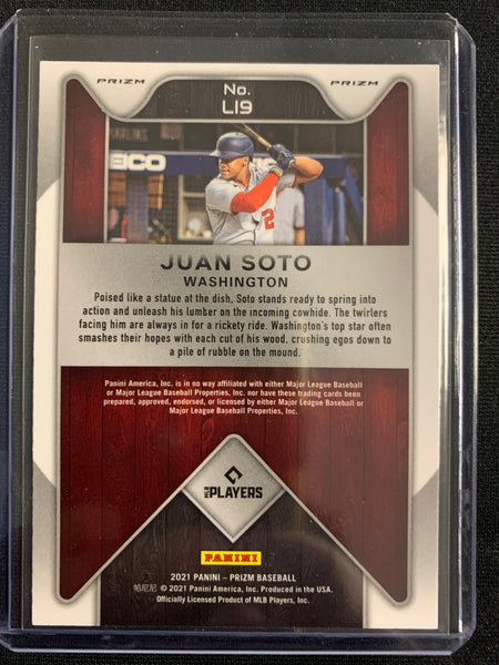 2021 PANINI PRIZM BASEBALL  #L19 WASHINGTON NATIONALS - JUAN SOTO SILVER PRIZM LUMBER INC INSERT CARD