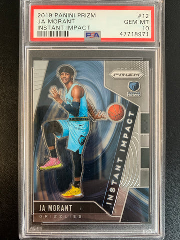 2019 PANINI PRIZM NBA BASKETBALL #12 MEMPHIS GRIZZLIES - JA MORANT INSTANT IMPACT ROOKIE CARD GRADED PSA 10 GEM MINT