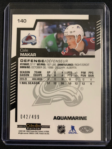 2020-21 UD OPC PLATINUM HOCKEY #140 COLORADO AVALANCHE - CALE MAKAR AQUAMARINE PARALLEL NUMBERED 042/499