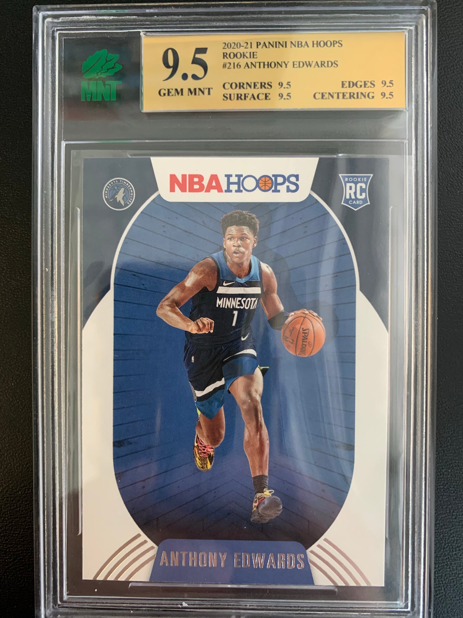 2020-2021 PANINI NBA HOOPS BASKETBALL #216 MINNESOTA TIMBERWOLVES - ANTHONY EDWARDS ROOKIE CARD GRADED MNT 9.5 GEM MINT