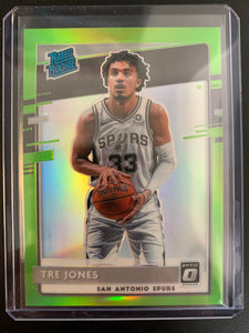 2020-2021 PANINI DONRUSS OPTIC NBA BASKETBALL #188 SAN ANTONIO SPURS - TRE JONES OPTIC GREEN PRIZM SP RATED ROOKIE CARD NUMBERED 102/149