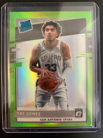 2020-2021 PANINI DONRUSS OPTIC NBA BASKETBALL #188 SAN ANTONIO SPURS - TRE JONES OPTIC GREEN PRIZM SP RATED ROOKIE CARD NUMBERED 102/149