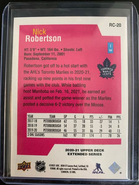 2020-21 UPPER DECK EXTENDED HOCKEY #RC-20 TORONTO MAPLE LEAFS - NICK ROBERTSON ROOKIE CLASS ROOKIE CARD