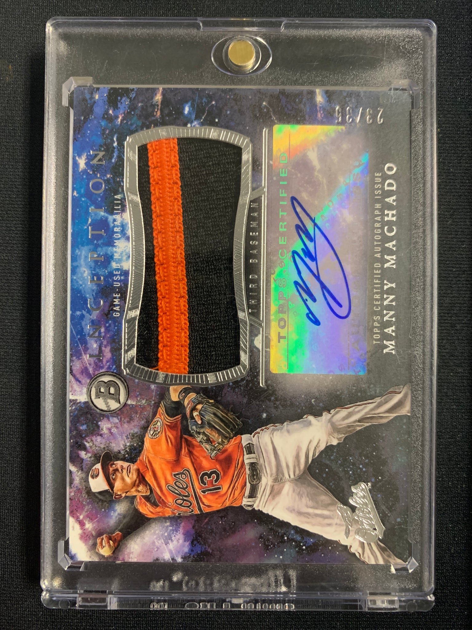 2016 TOPPS INCEPTION BASEBALL #IVAR-MM BALTIMORE ORIOLES - MANNY MACHADO 2 COLOR GAME USED PATCH AUTOGRAPH NUMBERED 23/35