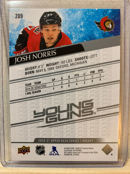 2020-21 UPPER DECK HOCKEY #209 OTTAWA SENATORS - JOSH NORRIS YOUNG GUNS ROOKIE CARD RAW