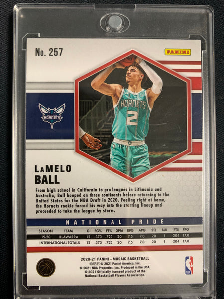 2020-2021 PANINI MOSAIC NBA BASKETBALL #257 CHARLOTTE HORNETS - LAMELO BALL MOSAIC SILVER NATIONAL PRIDE ROOKIE CARD