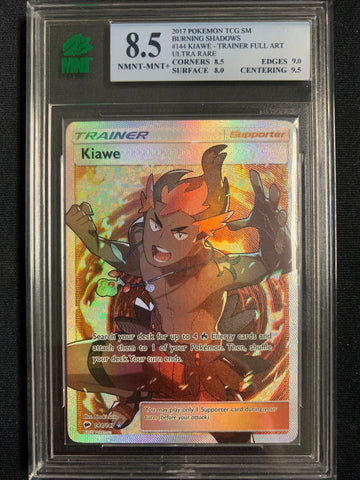 2017 POKEMON SUN & MOON BURNING SHADOWS #144 KIAWE TRAINER FULL ART ULTRA RARE GRADED MNT 8.5 NMNT-MNT+