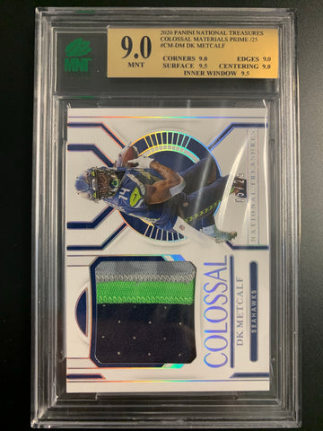 2020 PANINI NATIONAL TREASURES FOOTBALL #CM-DM SEATTLE SEAHAWKS - DK METCALF COLOSSAL MATERIALS THREE COLOURED PATCH  NUMBERED 05/25 GRADED MNT 9.0 MINT
