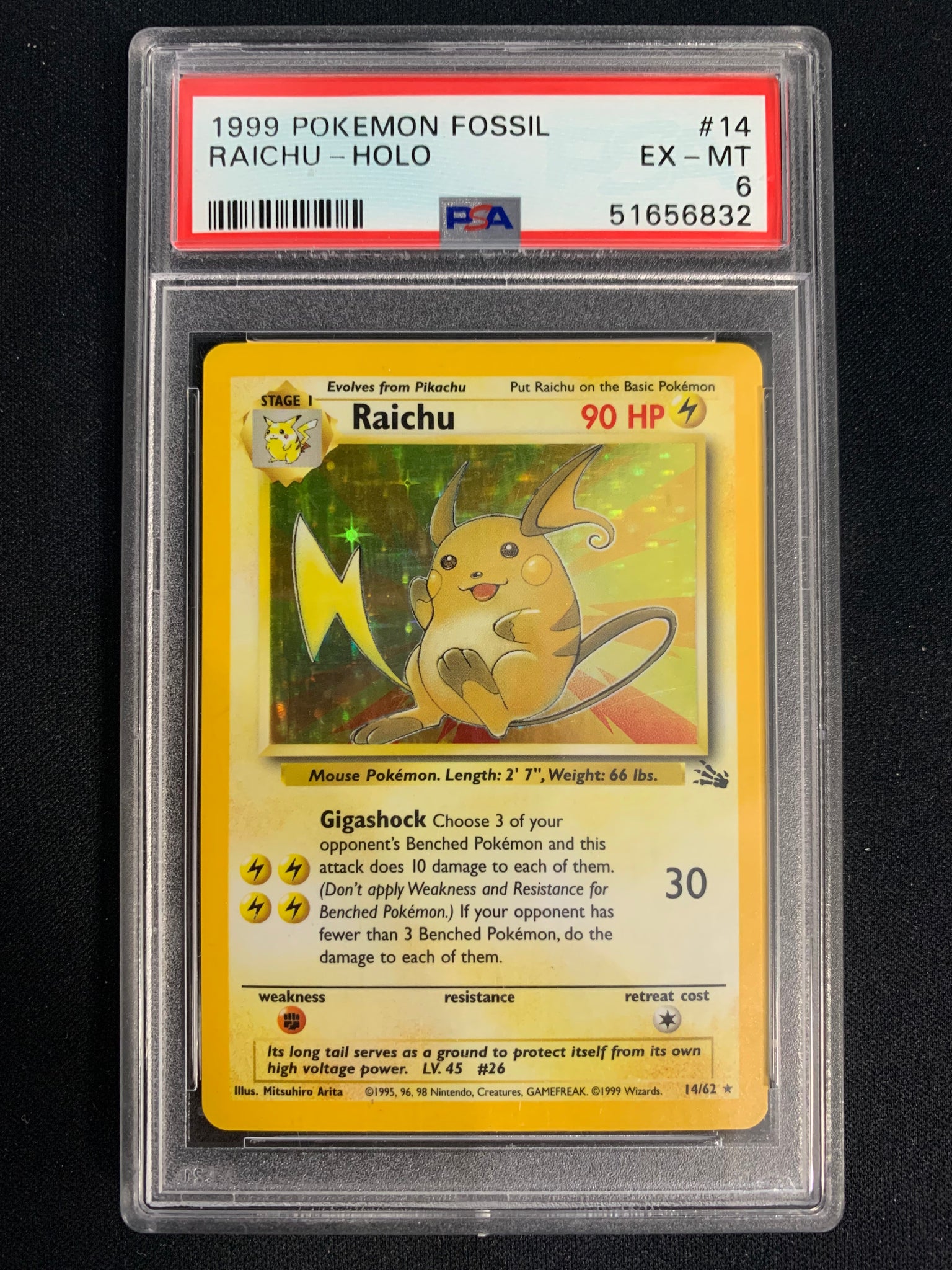 1999 POKEMON FOSSIL RAICHU HOLO 14/62 GRADED PSA 6 EX-MT