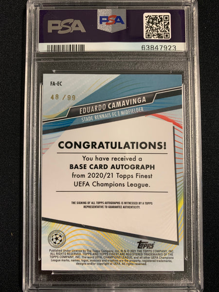 2020 TOPPS FINEST UEFA CHAMPIONS LEAGUE SOCCER #EC - EDUARDO CAMAVINGA NEON GREEN AUTO ROOKIE CARD NUMBERED 48/99 GRADED PSA AUTHENTIC 10 AUTO
