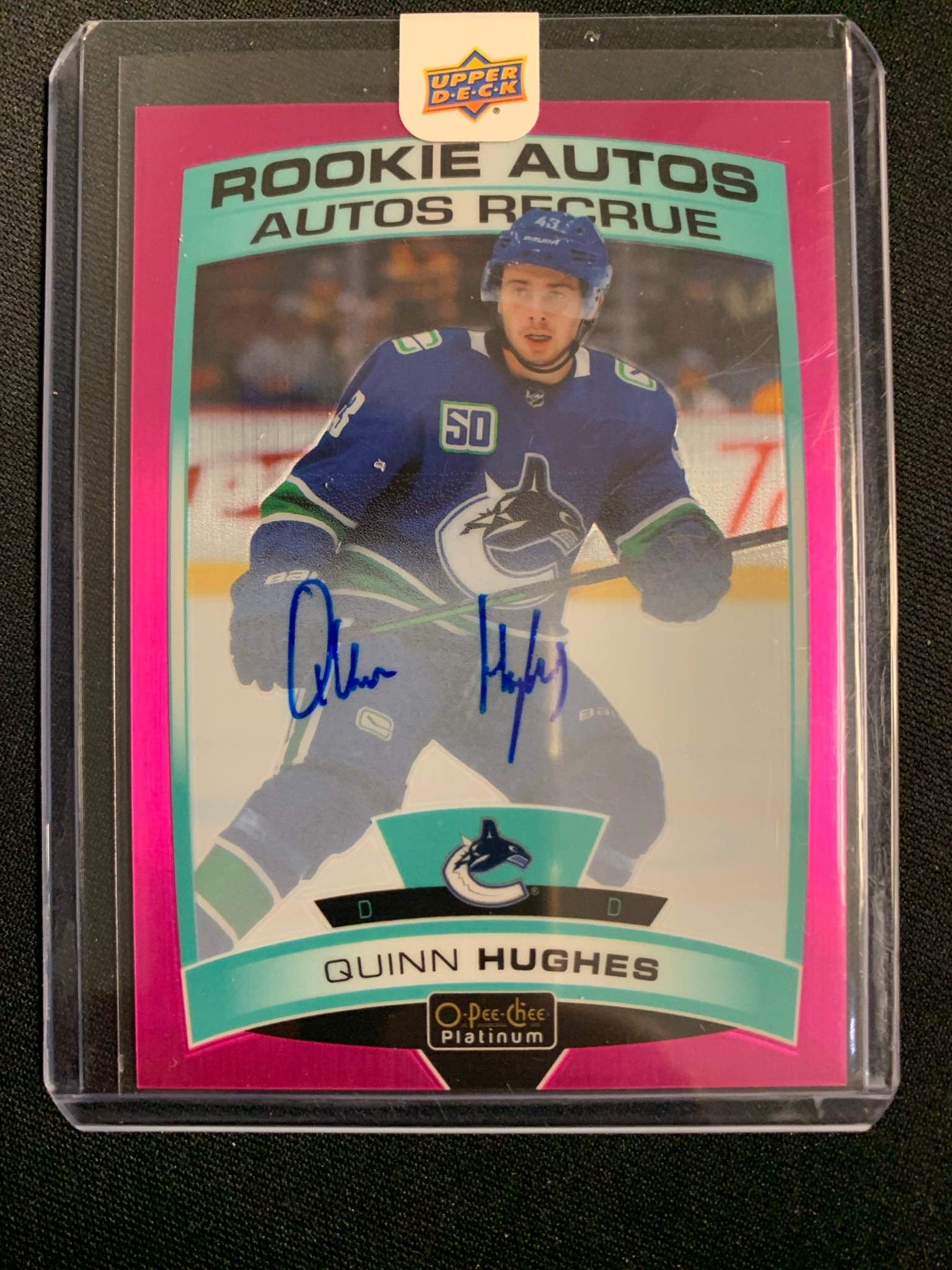 2019-20 UD OPC PLATINUM HOCKEY #R-QH VANCOUVER CANUCKS - QUINN HUGHES MATTE PINK ROOKIE AUTOS REDEMPTION NUMBERED 70/99