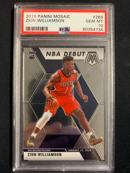 2019 PANINI MOSAIC NBA BASKETBALL #269 NEW ORLEANS PELICANS - ZION WILLIAMSON NBA DEBUT ROOKIE CARD GRADED PSA 10 GEM MINT