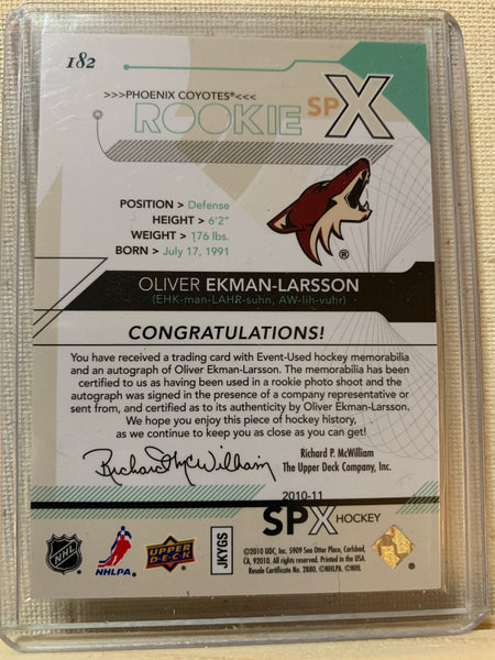 2010-11 SPX HOCKEY #182 ARIZONA COYOTES - OLIVER EKMAN-LARSSON SPX AUTOGRAPHED JERSEY ROOKIE CARD RAW