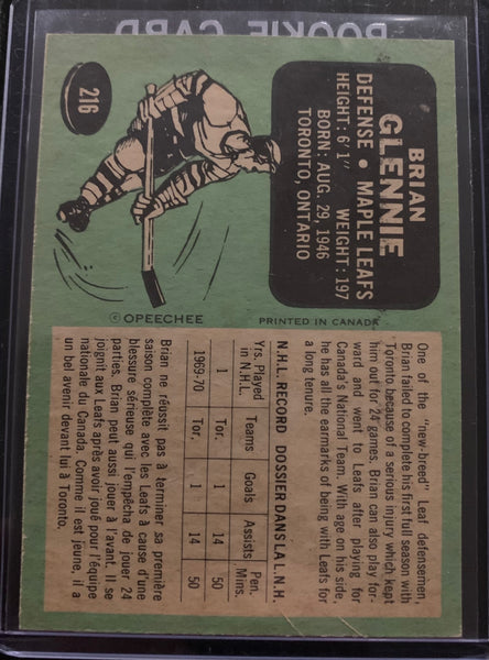 1970-71 O-PEE-CHEE HOCKEY #216 TORONTO MAPLE LEAFS - BRIAN GLENNIE ROOKIE CARD RAW