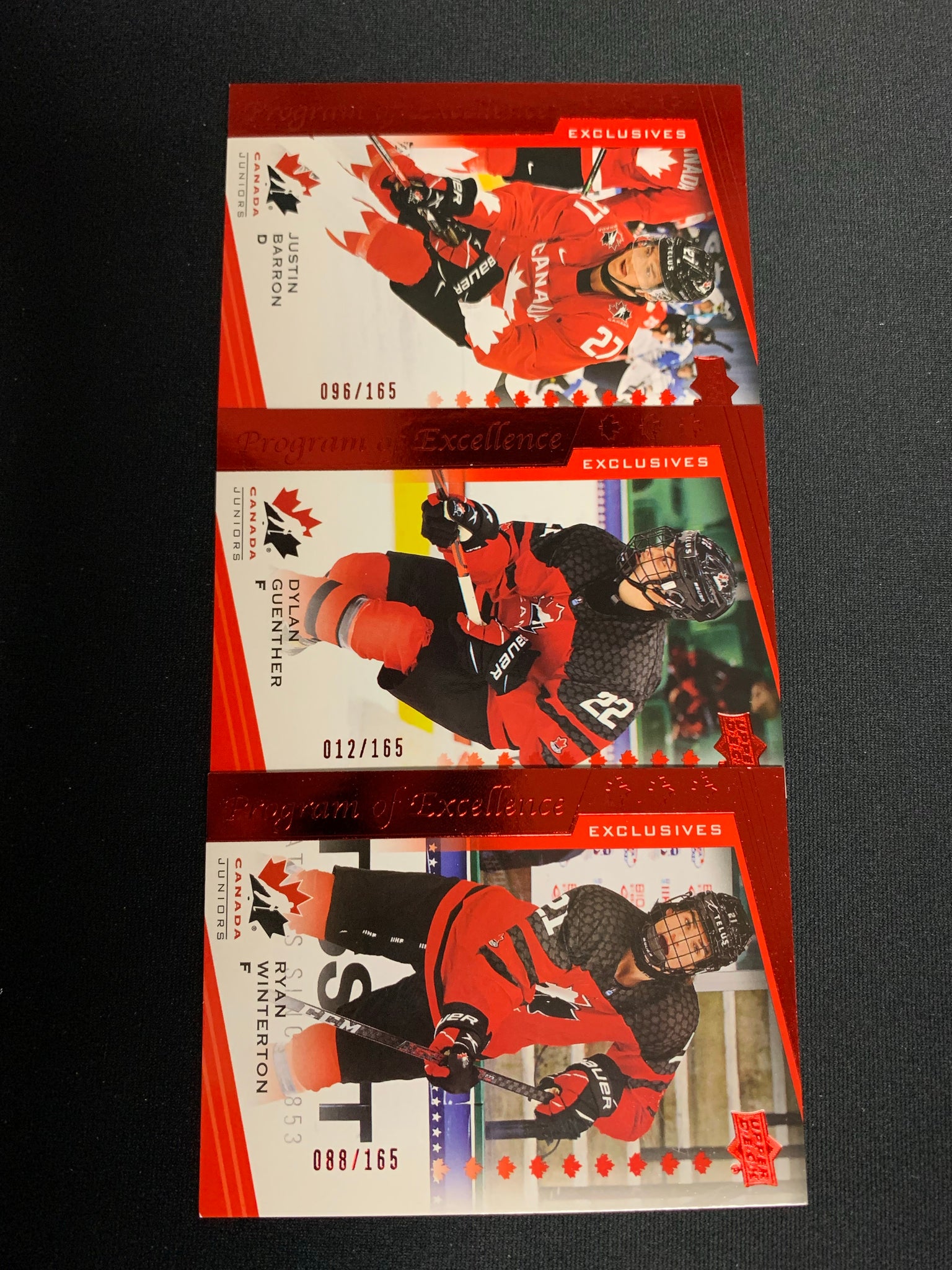 2021 UPPER DECK TEAM CANADA JUNIORS HOCKEY RED POE EXCLUSIXES LOT /165 - JUSTIN BARRON #111 , DYLAN GUENTHER #130 , RYAN WINTERTON #138
