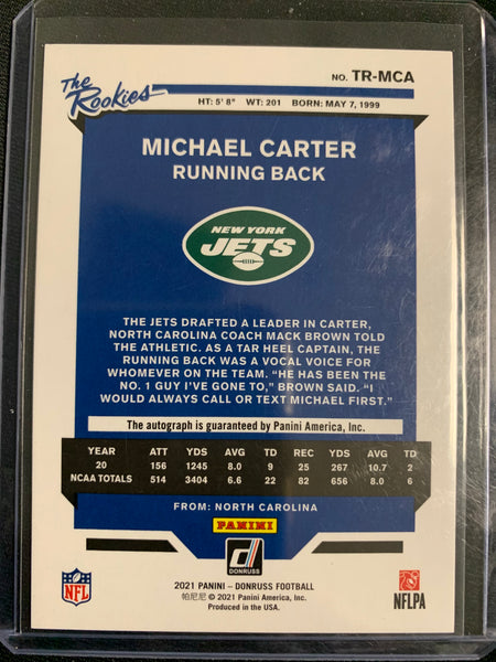 2021 PANINI DONRUSS FOOTBALL #TR-MCA NEW YORK JETS - MICHAEL CARTER "THE ROOKIES" AUTOGRAPHED ROOKIE CARD