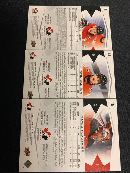 2021 UPPER DECK TEAM CANADA JUNIORS HOCKEY JERSEY LOT - CONNOR ZARY #6 , JUSTIN BARRON #13 , TAYLOR GAUTHIER #15