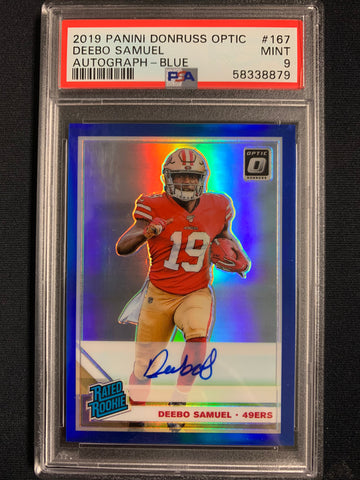 2019 PANINI DONRUSS OPTIC FOOTBALL #167 SAN FRANCISCO 49ERS - DEEBO SAMUEL AUTOGRAPHED BLUE ROOKIE CARD NUMBERED 29/75 GRADED PSA 10 GEM MINT