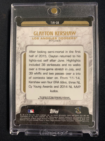 2016 TOPPS TIER ONE BASEBALL #TIA-CK LOS ANGELES DODGERS - CLAYTON KERSHAW TIER ONE ON CARD AUTOGRAPH NUMBERED 47/75
