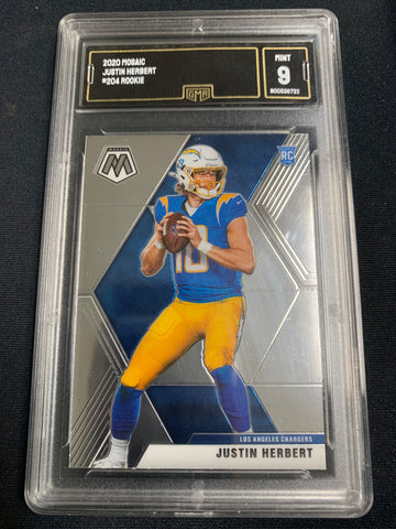 2020 PANINI MOSAIC FOOTBALL #204 LOS ANGELES CHARGERS - JUSTIN HERBERT BASE MOSAIC ROOKIE CARD GRADED GMA 9 MINT