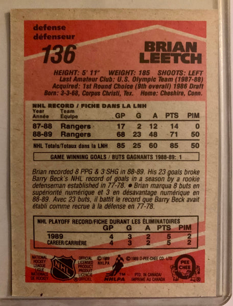 1989-90 O-PEE-CHEE HOCKEY #136 NEW YORK RANGERS - BRIAN LEETCH ROOKIE CARD RAW