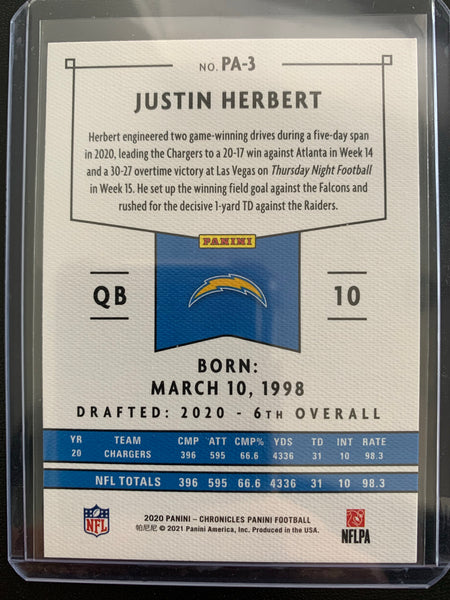 2020 PANINI CHRONICLES PANINI FOOTBALL #PA-3 LOS ANGELES CHARGERS - JUSTIN HERBERT ROOKIE CARD