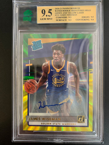 2020-2021 PANINI DONRUSS NBA BASKETBALL #226 GOLDEN STATE WARRIORS - JAMES WISEMAN DONRUSS GREEN YELLOW LASER SP RATED AUTOGRAPHED ROOKIE CARD GRADED MNT 9.5 GEM MINT