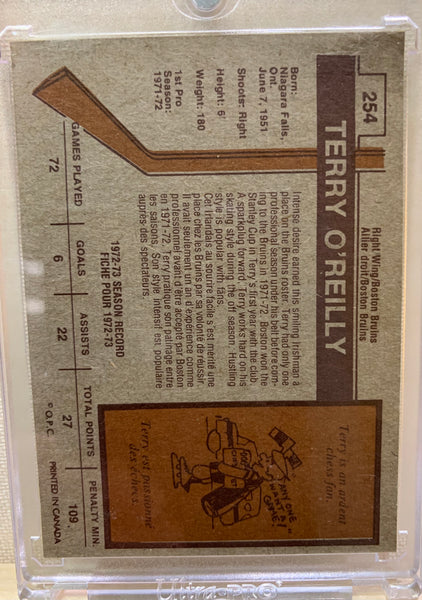1973-74 O-PEE-CHEE HOCKEY #254 BOSTON BRUINS - TERRY O'REILLY ROOKIE CARD RAW