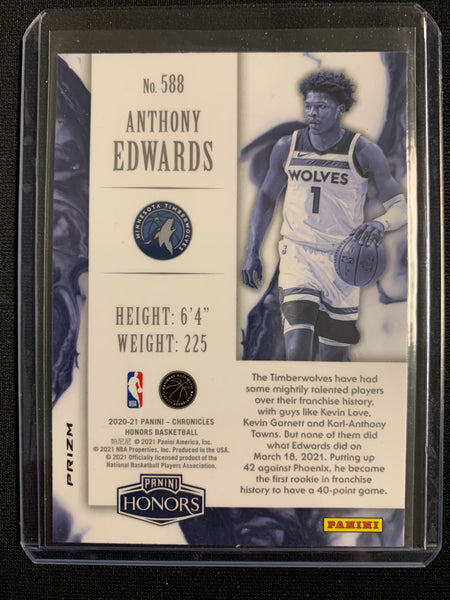 2020-2021 PANINI CHRONICLES NBA BASKETBALL #588 MINNESOTA TIMERWOLVES - ANTHONY EDWARDS SILVER PRIZM HONORS ROOKIE CARD