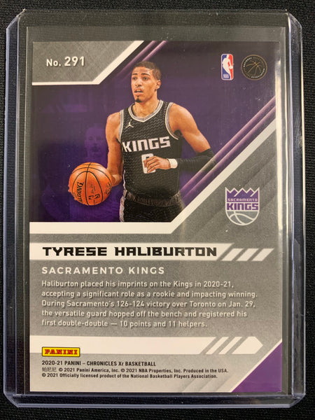 2020-2021 PANINI CHRONICLES NBA BASKETBALL #291 SACRAMENTO KINGS - TYRESE HALIBURTON PANINI XR RED PARALLEL ROOKIE CARD NUMBERED 034/149