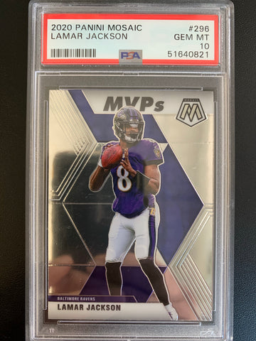 2020 PANINI MOSAIC FOOTBALL #296 BALTIMORE RAVENS - LAMAR JACKSON MVP INSERT GRADED PSA 10 GEM MINT