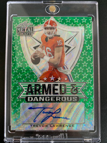 2021 LEAF METAL DRAFT FOOTBALL #AD-TL1 JACKSONVILLE JAGUARS - TREVOR LAWRENCE ARMED & DANGEROUS AUTOGRAPHED ROOKIE CARD SERIAL NUMBERED 2/5