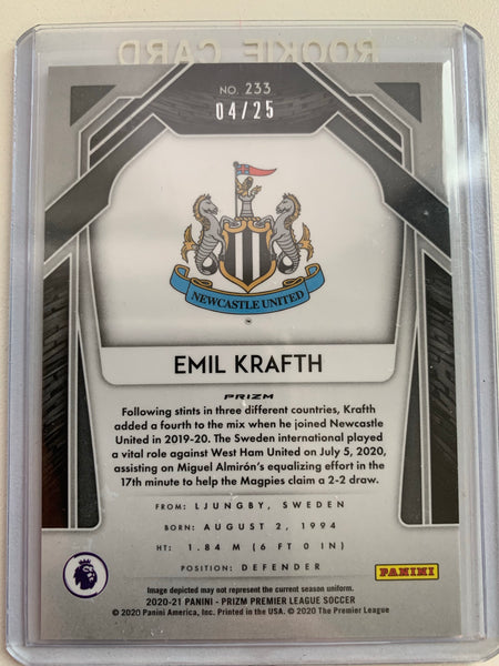 2020-2021 PANINI PRIZM EPL SOCCER #233 NEWCASTLE UNITED - EMIL KRAFTH BRONZE PARALLEL PRIZM ROOKIE CARD #'D 04/25