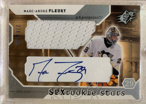 2003-04 UPPER DECK HOCKEY #222 PITTSBURGH PENGUINS - MARC ANDRE FLEURY SPX AUTOGRAPHED JERSEY ROOKIE CARD RAW
