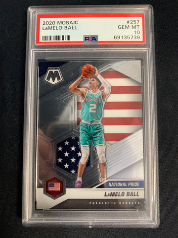 2020 PANINI MOSAIC NBA BASKETBALL #257 CHARLOTTE HORNETS - LAMELO BALL NATIONAL PRIDE ROOKIE CARD GRADED PSA 10 GEM MINT