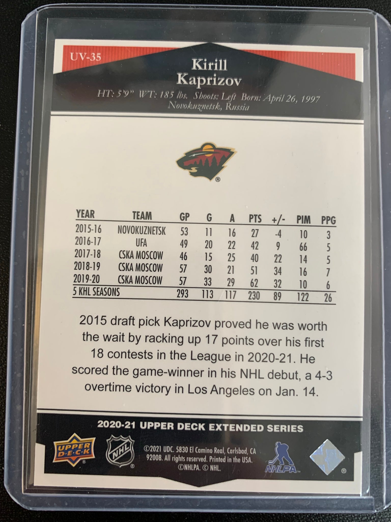 2020-21 UPPER DECK EXTENDED HOCKEY #UV-35 MINNESOTA WILD - KIRILL KAPRIZOV ULTIMATE VICTORY ROOKIE CARD