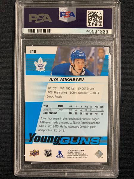 2019-20 UPPER DECK HOCKEY #210 TORONTO MAPLE LEAFS - ILYA MIKHEYEV YOUNG GUNS ROOKIE CARD GRADED PSA 10 GEM MINT
